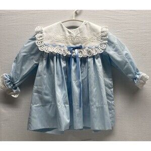 Toddler Tike Light Blue Long Sleeve Vintage Dress L White Bib Lace Trim 12 Mths